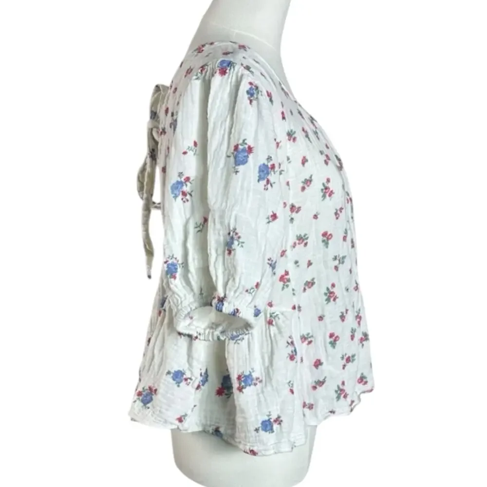 Free People Dainty Chloe Printed Top Floral XL Cottage Bow Gauze Shabby Chic